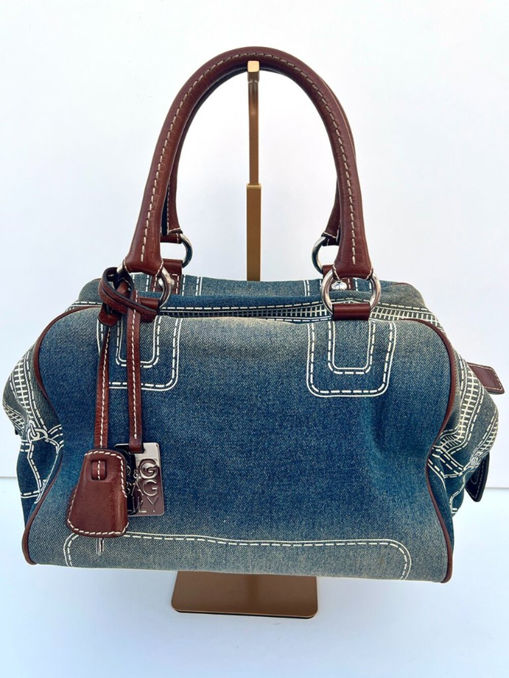 Authentic D&G Dolce Gabbana Denim Leather Bowler Satchel Bag Y2K Lily Ghost Blue